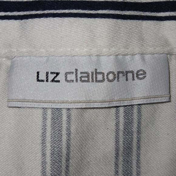 Liz Claiborne Size M Mockneck Zip Up Horizontal Striped Navy Blue White Pockets - Picture 7 of 9